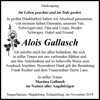Traueranzeige von Alois Gallasch von Mitteldeutsche Zeitung Sangerhausen