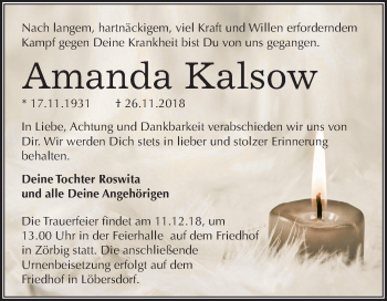 Traueranzeige von Amanda Kalsow von Mitteldeutsche Zeitung Bitterfeld