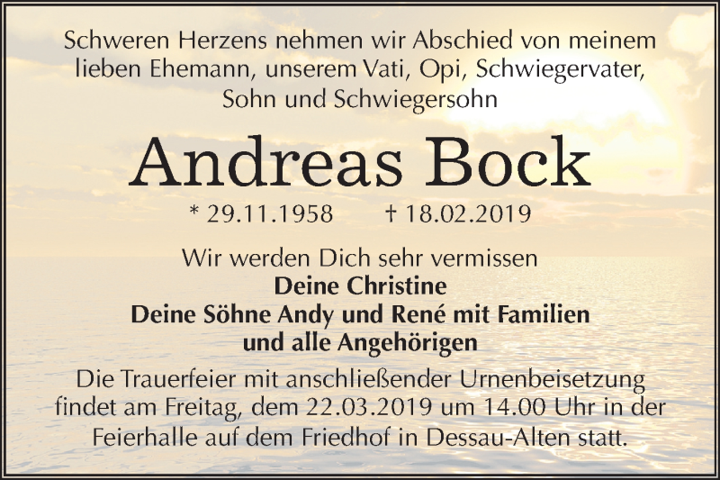  Traueranzeige für Andreas Bock vom 27.02.2019 aus Mitteldeutsche Zeitung Dessau-Roßlau
