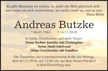 Traueranzeige von Andreas Butzke von Mitteldeutsche Zeitung Merseburg/Querfurt