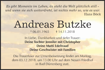 Traueranzeige von Andreas Butzke von Super Sonntag Merseburg