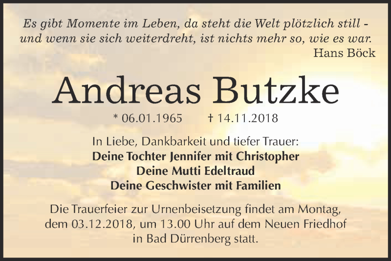  Traueranzeige für Andreas Butzke vom 24.11.2018 aus Super Sonntag Merseburg