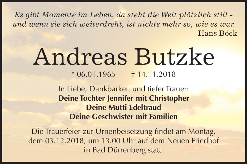  Traueranzeige für Andreas Butzke vom 23.11.2018 aus Mitteldeutsche Zeitung Merseburg/Querfurt