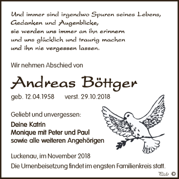 Traueranzeige von Andreas Böttger von Super Sonntag Zeitz