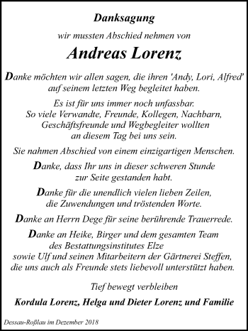 Traueranzeige von Andreas Lorenz von WVG - Wochenspiegel Dessau / Köthen
