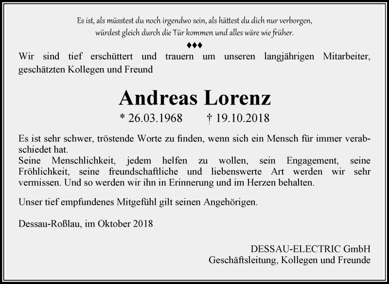  Traueranzeige für Andreas Lorenz vom 17.11.2018 aus Mitteldeutsche Zeitung Dessau-Roßlau