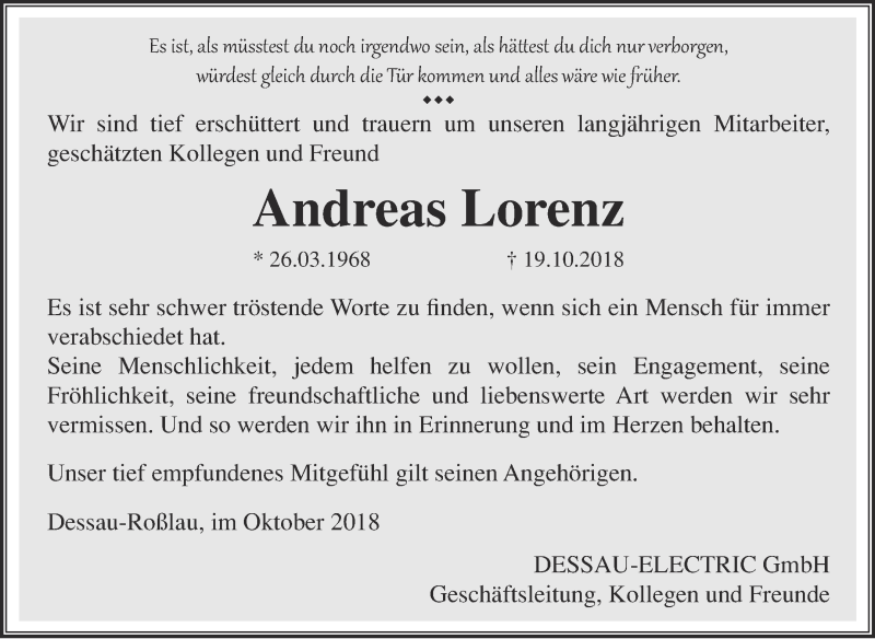  Traueranzeige für Andreas Lorenz vom 14.11.2018 aus WVG - Wochenspiegel Dessau / Köthen