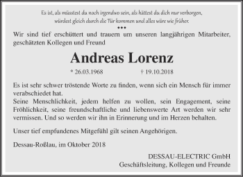 Traueranzeige von Andreas Lorenz von WVG - Wochenspiegel Dessau / Köthen