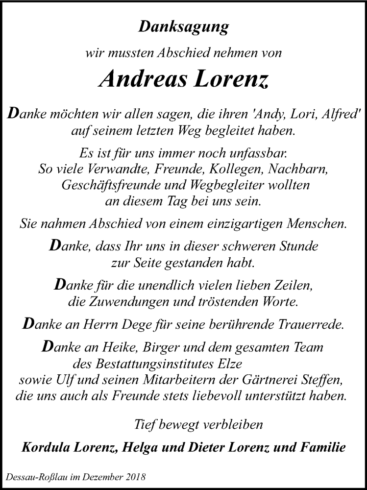  Traueranzeige für Andreas Lorenz vom 08.12.2018 aus Mitteldeutsche Zeitung Dessau-Roßlau