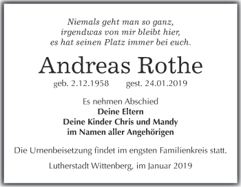 Traueranzeige von Andreas Rothe von Super Sonntag Wittenberg