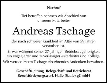 Traueranzeige von Andreas Tschage von Mitteldeutsche Zeitung Halle/Saalkreis