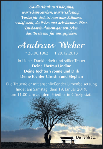 Traueranzeige von Andreas Weber von WVG - Wochenspiegel Dessau / Köthen