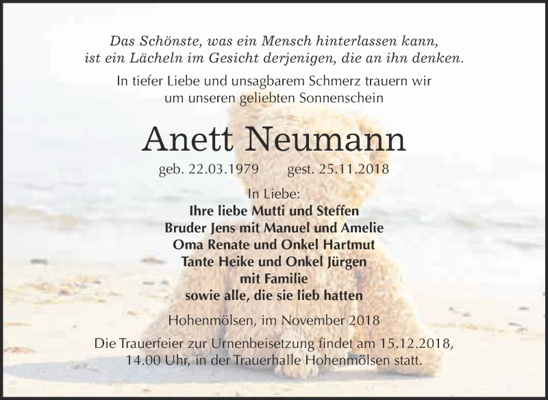  Traueranzeige für Anett Neumann vom 05.12.2018 aus WVG - Wochenspiegel NMB / WSF / ZTZ
