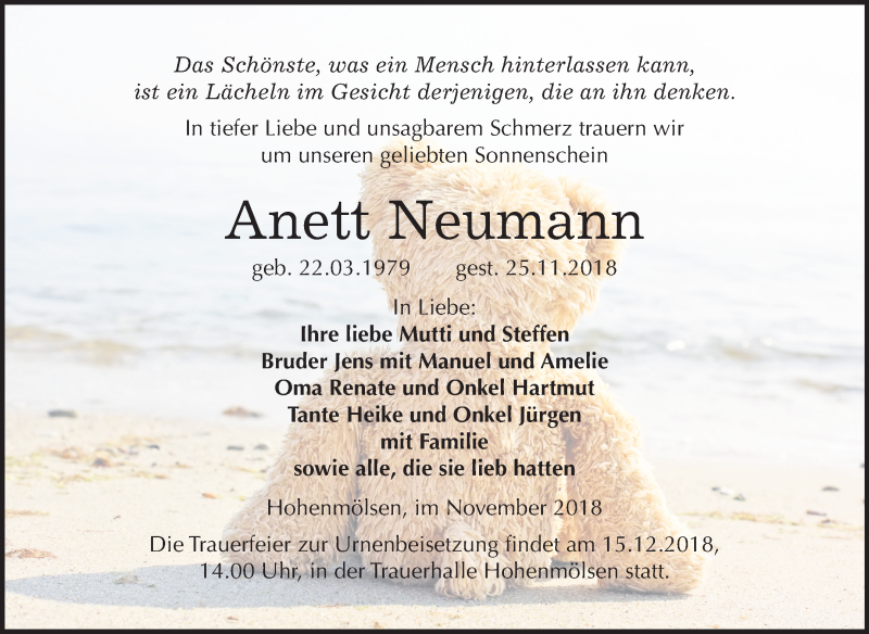  Traueranzeige für Anett Neumann vom 01.12.2018 aus Mitteldeutsche Zeitung Weißenfels
