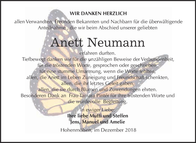  Traueranzeige für Anett Neumann vom 24.12.2018 aus WVG - Wochenspiegel NMB / WSF / ZTZ
