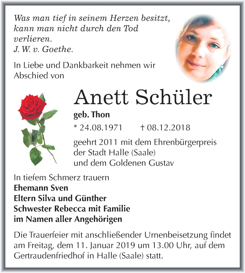  Traueranzeige für Anett Schüler vom 29.12.2018 aus Mitteldeutsche Zeitung Halle/Saalkreis