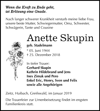 Traueranzeige von Anette Skupin von Mitteldeutsche Zeitung Zeitz