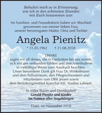 Traueranzeige von Angela Pienitz von Mitteldeutsche Zeitung Wittenberg