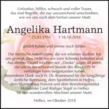 Traueranzeige von Angelika Hartmann von Mitteldeutsche Zeitung Aschersleben