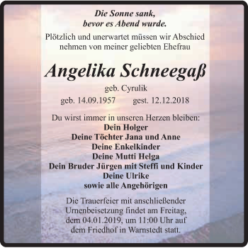 Traueranzeige von Angelika Schneegaß von Super Sonntag Quedlinburg