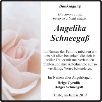 Traueranzeige von Angelika Schneegaß von Super Sonntag Quedlinburg
