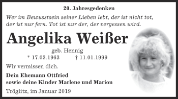 Traueranzeige von Angelika Weißer von Super Sonntag Zeitz
