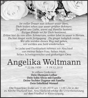 Traueranzeige von Angelika Woltmann von WVG - Wochenspiegel Bitterfeld