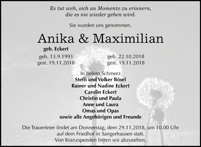  Traueranzeige für Anika und Maximilian  vom 24.11.2018 aus Mitteldeutsche Zeitung Aschersleben