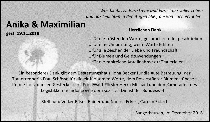  Traueranzeige für Anika und Maximilian  vom 15.12.2018 aus Mitteldeutsche Zeitung Sangerhausen
