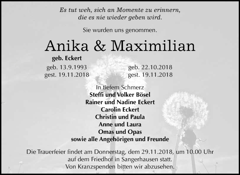  Traueranzeige für Anika und Maximilian  vom 24.11.2018 aus Super Sonntag SGH Mansf. Land