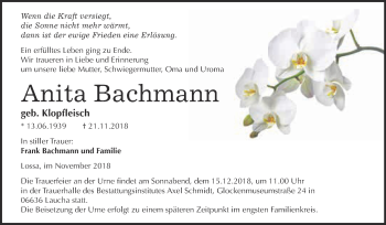 Traueranzeige von Anita Bachmann von WVG - Wochenspiegel NMB / WSF / ZTZ
