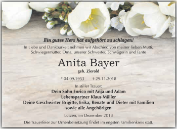 Traueranzeige von Anita Bayer von Super Sonntag Merseburg