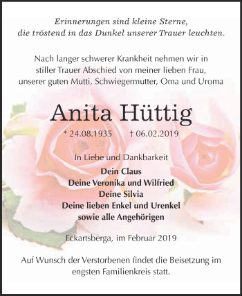 Traueranzeige von Anita Hüttig von WVG - Wochenspiegel NMB / WSF / ZTZ