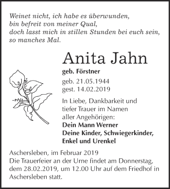 Traueranzeige von Anita Jahn von Super Sonntag Aschersleben