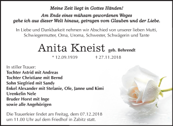 Traueranzeige von Anita Kneist von Mitteldeutsche Zeitung Köthen