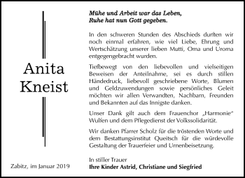 Traueranzeige von Anita Kneist von WVG - Wochenspiegel Dessau / Köthen