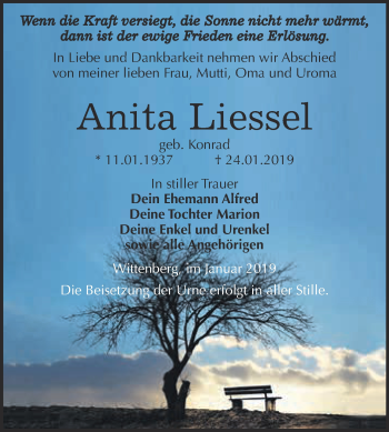 Traueranzeige von Anita Liessel von WVG - Wochenspiegel Wittenberg