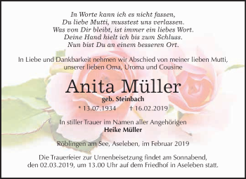 Traueranzeige von Anita Müller von Wochenspiegel Mansfelder Land