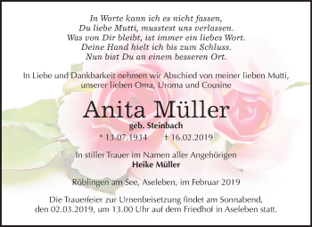 Traueranzeige von Anita Müller von Mitteldeutsche Zeitung Mansfelder Land