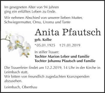 Traueranzeige von Anita Pfautsch von WVG - Wochenspiegel Merseburg