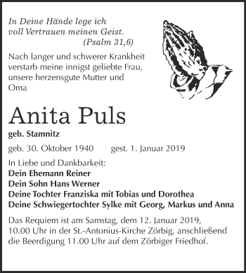 Traueranzeige von Anita Puls von WVG - Wochenspiegel Bitterfeld