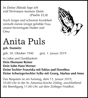 Traueranzeige von Anita Puls von Mitteldeutsche Zeitung Bitterfeld