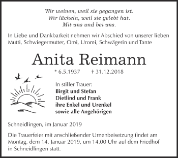 Traueranzeige von Anita Reimann von WVG - Wochenspiegel Quedlinburg