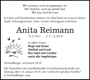 Traueranzeige von Anita Reimann von Mitteldeutsche Zeitung Aschersleben