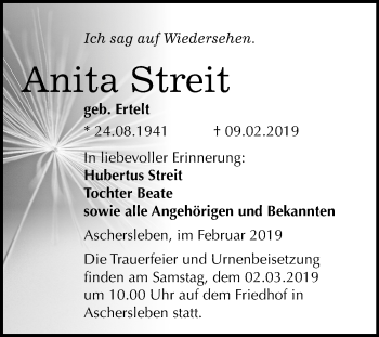 Traueranzeige von Anita Streit von Mitteldeutsche Zeitung Aschersleben