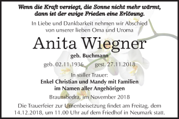 Traueranzeige von Anita Wiegner von Mitteldeutsche Zeitung Merseburg/Querfurt