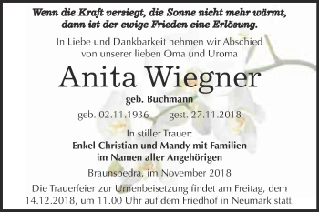 Traueranzeige von Anita Wiegner von WVG - Wochenspiegel Merseburg