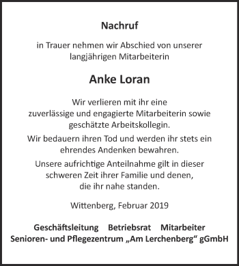 Traueranzeige von Anke Loran von WVG - Wochenspiegel Wittenberg