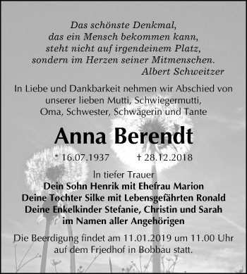 Traueranzeige von Anna Berendt von Mitteldeutsche Zeitung Bitterfeld