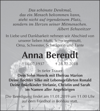 Traueranzeige von Anna Berendt von WVG - Wochenspiegel Bitterfeld